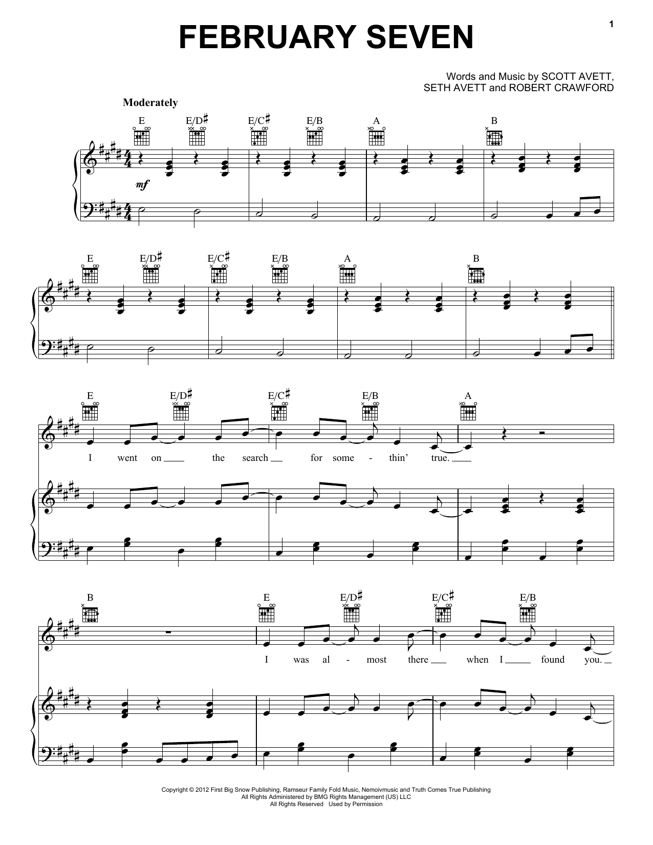 Download The Avett Brothers February Seven Sheet Music and learn how to play Piano, Vocal & Guitar (Right-Hand Melody) PDF digital score in minutes