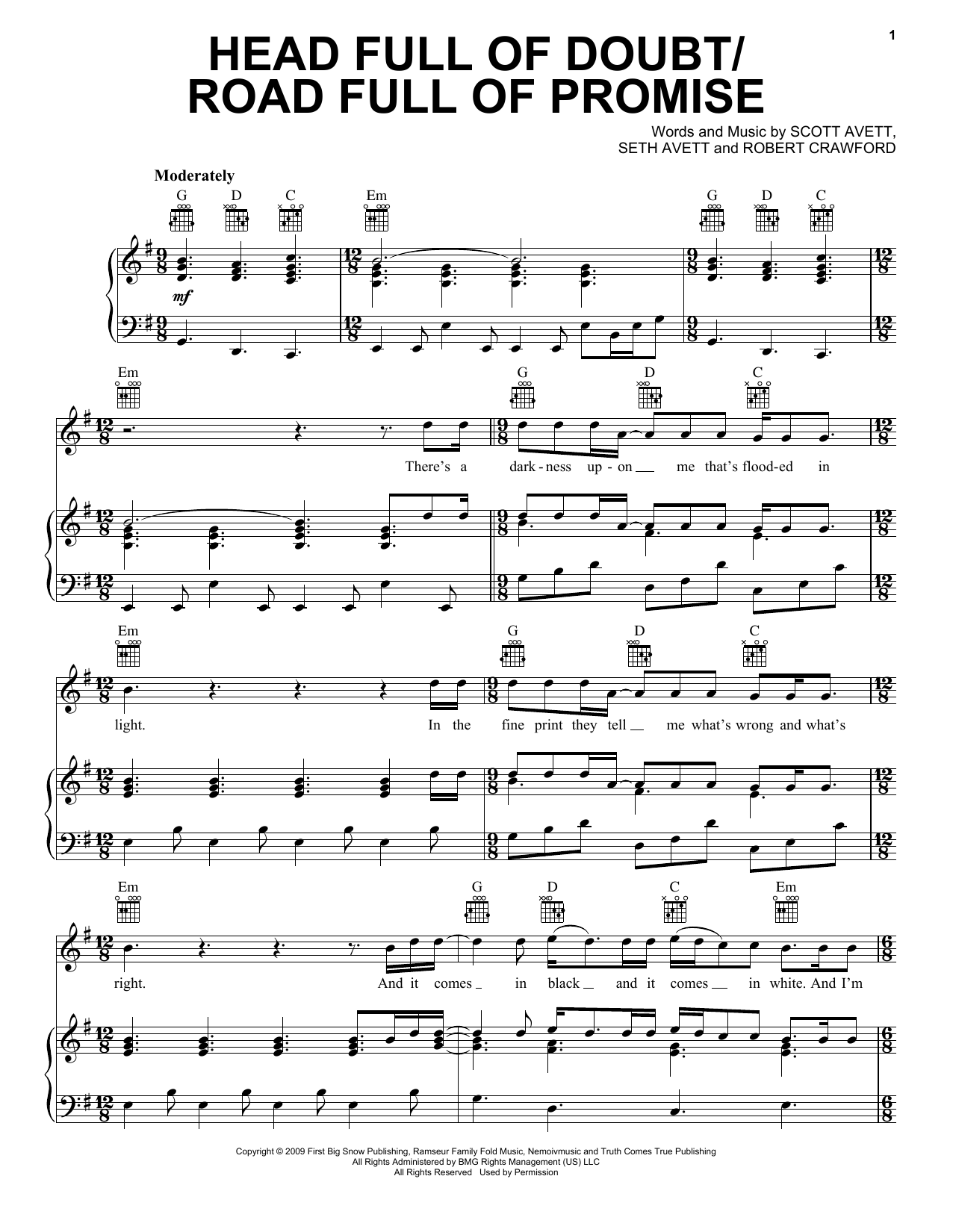 Download The Avett Brothers Head Full Of Doubt/Road Full Of Promise Sheet Music and learn how to play Piano, Vocal & Guitar (Right-Hand Melody) PDF digital score in minutes