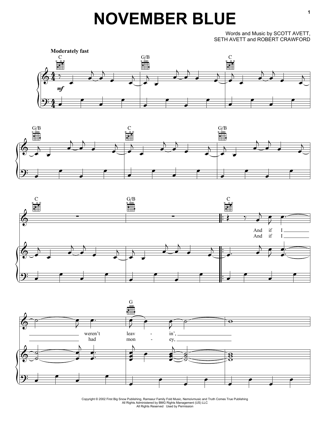 Download The Avett Brothers November Blue Sheet Music and learn how to play Piano, Vocal & Guitar (Right-Hand Melody) PDF digital score in minutes