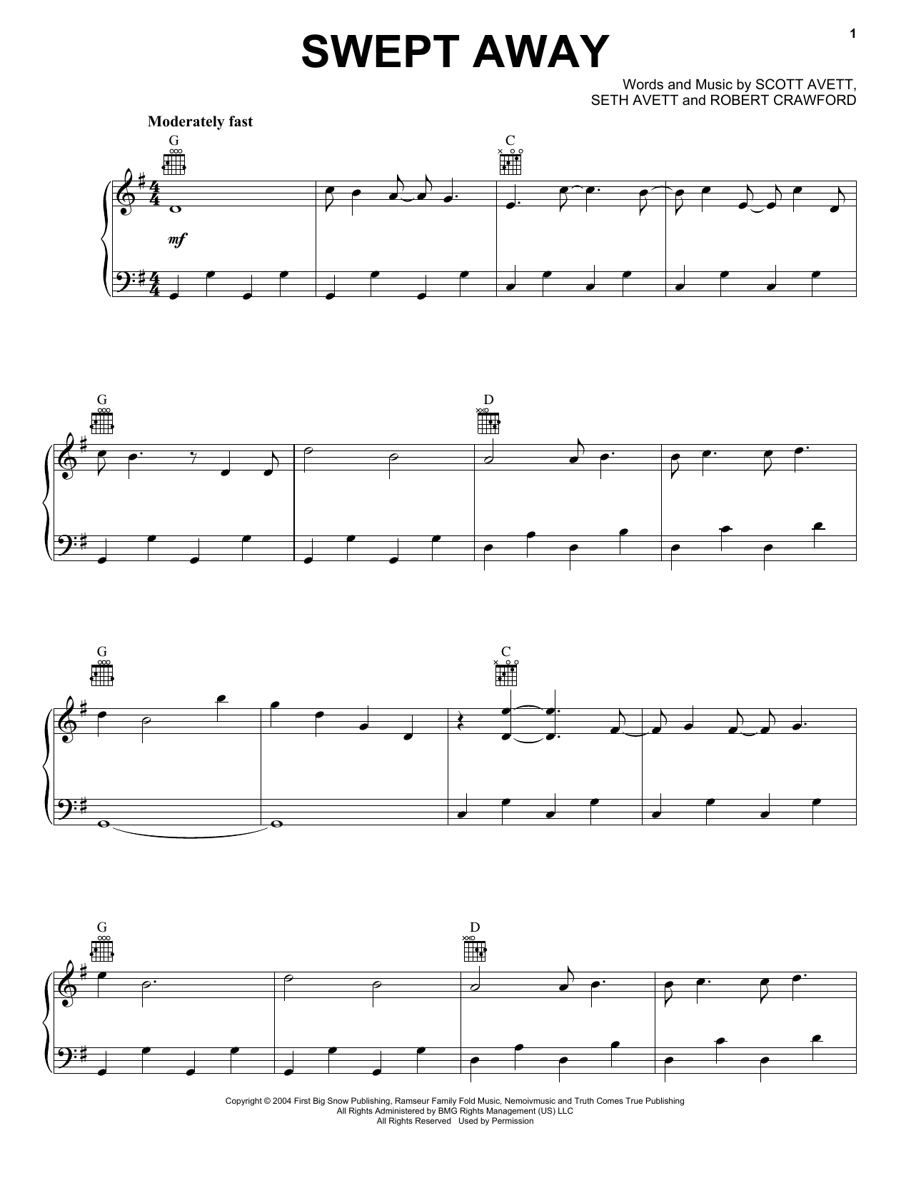 Download The Avett Brothers Swept Away Sheet Music and learn how to play Piano, Vocal & Guitar (Right-Hand Melody) PDF digital score in minutes