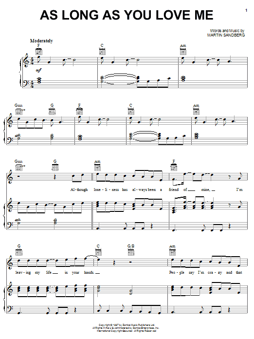 Download Backstreet Boys As Long As You Love Me Sheet Music and learn how to play Piano, Vocal & Guitar (Right-Hand Melody) PDF digital score in minutes