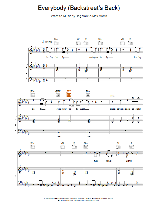 Download Backstreet Boys Everybody (Backstreet's Back) Sheet Music and learn how to play Piano, Vocal & Guitar PDF digital score in minutes