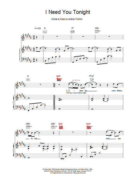 Download Backstreet Boys I Need You Tonight Sheet Music and learn how to play Piano, Vocal & Guitar PDF digital score in minutes