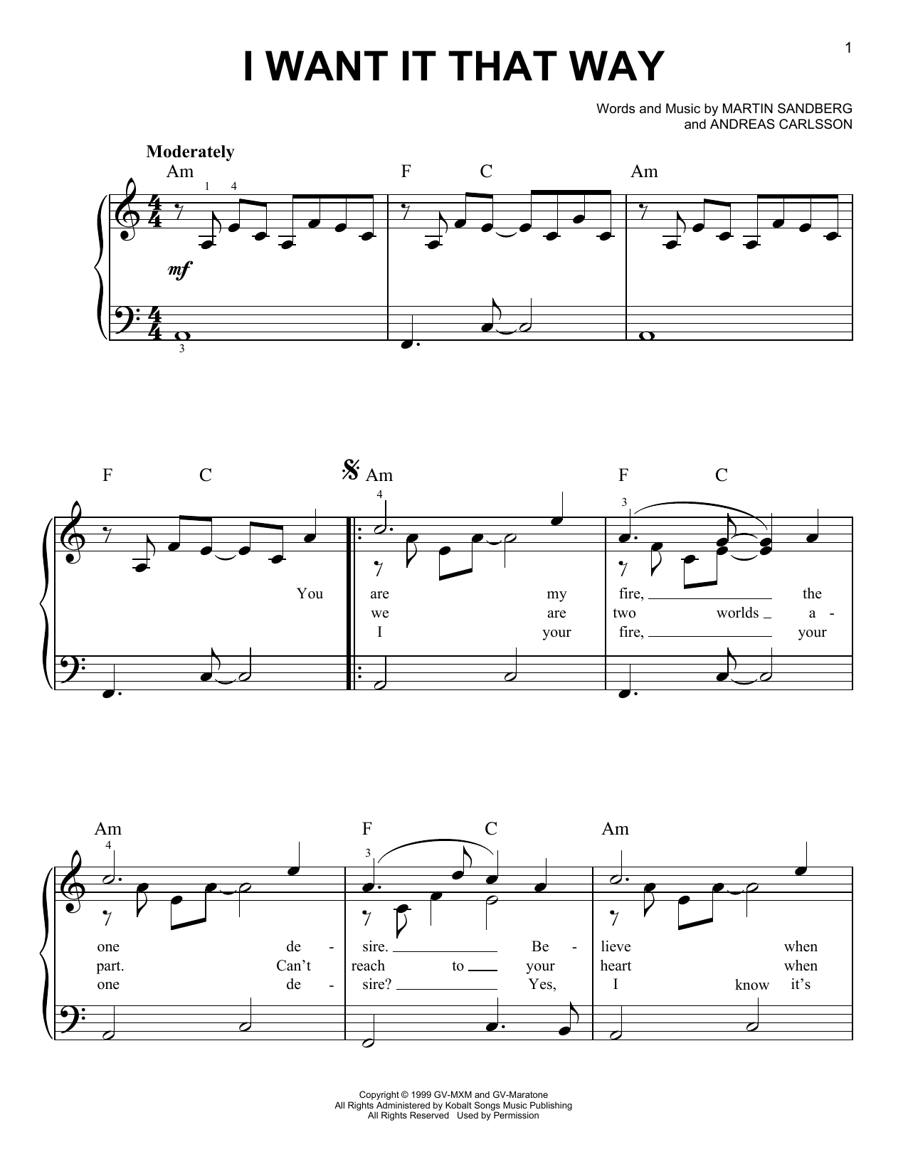 Download Backstreet Boys I Want It That Way Sheet Music and learn how to play Piano, Vocal & Guitar (Right-Hand Melody) PDF digital score in minutes