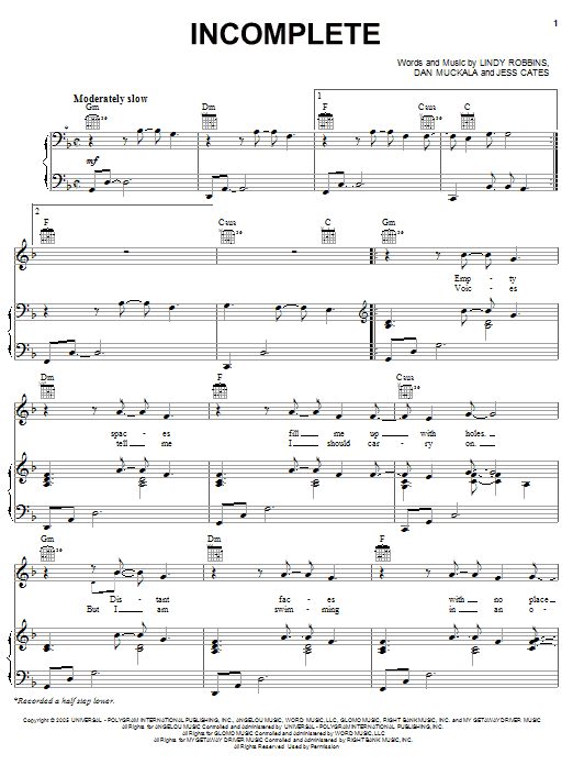 Download Backstreet Boys Incomplete Sheet Music and learn how to play Piano, Vocal & Guitar (Right-Hand Melody) PDF digital score in minutes