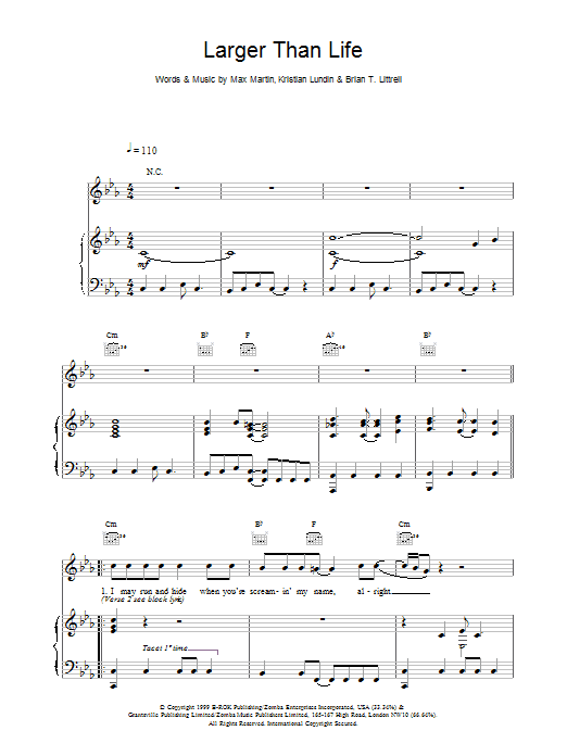 Download Backstreet Boys Larger Than Life Sheet Music and learn how to play Piano, Vocal & Guitar (Right-Hand Melody) PDF digital score in minutes