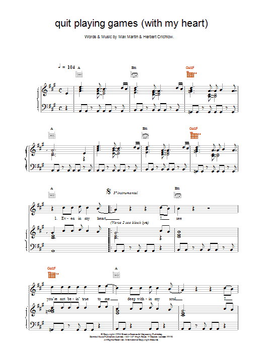 Download Backstreet Boys Quit Playing Games (With My Heart) Sheet Music and learn how to play Piano, Vocal & Guitar (Right-Hand Melody) PDF digital score in minutes
