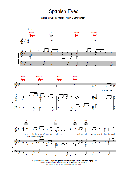 Download Backstreet Boys Spanish Eyes Sheet Music and learn how to play Piano, Vocal & Guitar (Right-Hand Melody) PDF digital score in minutes