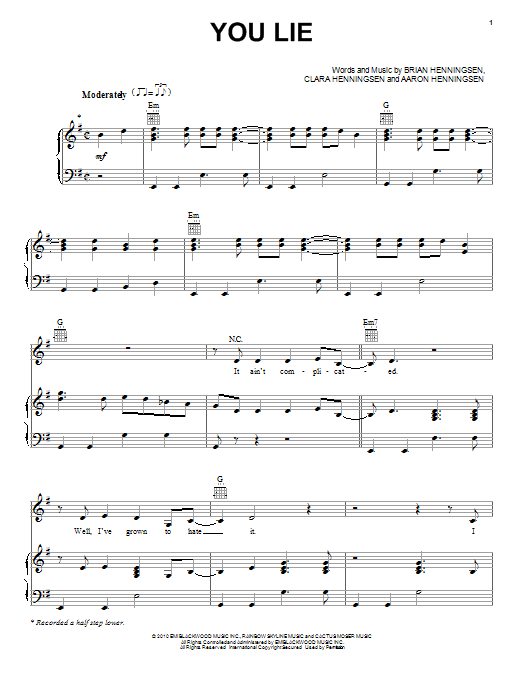 Download The Band Perry You Lie Sheet Music and learn how to play Piano, Vocal & Guitar (Right-Hand Melody) PDF digital score in minutes