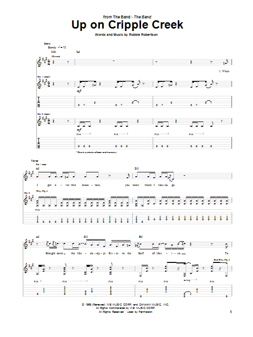 Download The Band Up On Cripple Creek Sheet Music and learn how to play Piano, Vocal & Guitar (Right-Hand Melody) PDF digital score in minutes