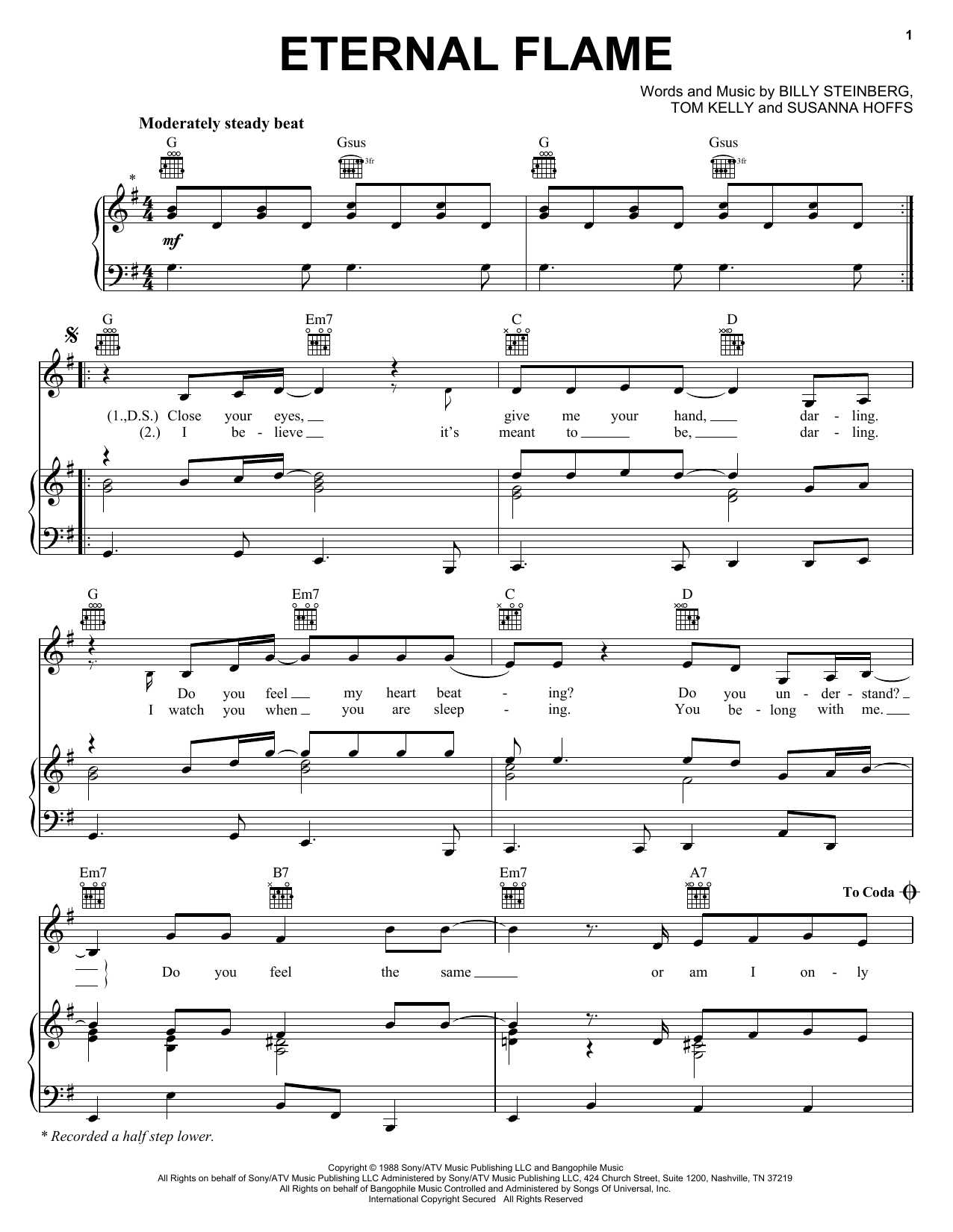 Download The Bangles Eternal Flame Sheet Music and learn how to play Piano, Vocal & Guitar (Right-Hand Melody) PDF digital score in minutes
