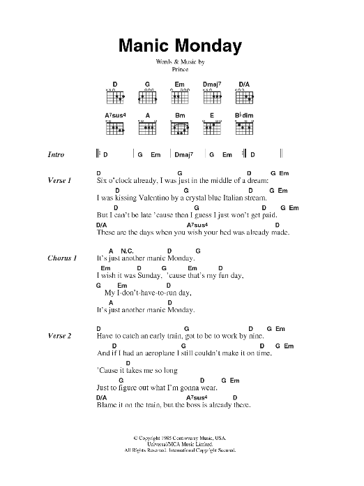 Download The Bangles Manic Monday Sheet Music and learn how to play Lyrics & Chords PDF digital score in minutes