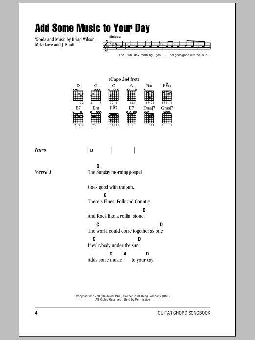 Download The Beach Boys Add Some Music To Your Day Sheet Music and learn how to play Lyrics & Chords PDF digital score in minutes