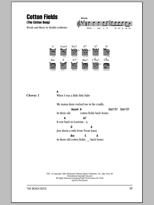 Download The Beach Boys Cotton Fields (The Cotton Song) Sheet Music and learn how to play Melody Line, Lyrics & Chords PDF digital score in minutes