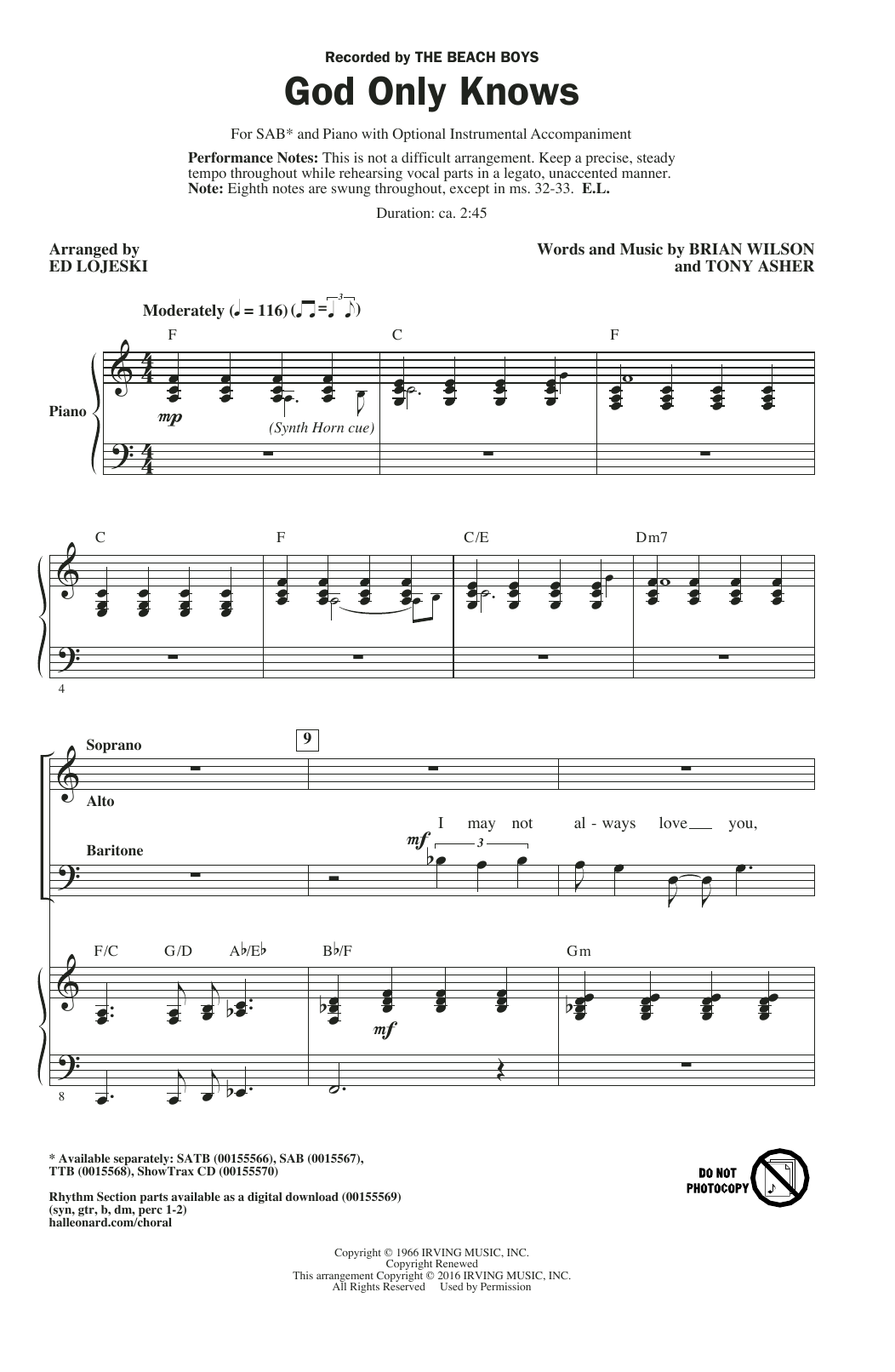 Download The Beach Boys God Only Knows (arr. Ed Lojeski) Sheet Music and learn how to play SAB PDF digital score in minutes