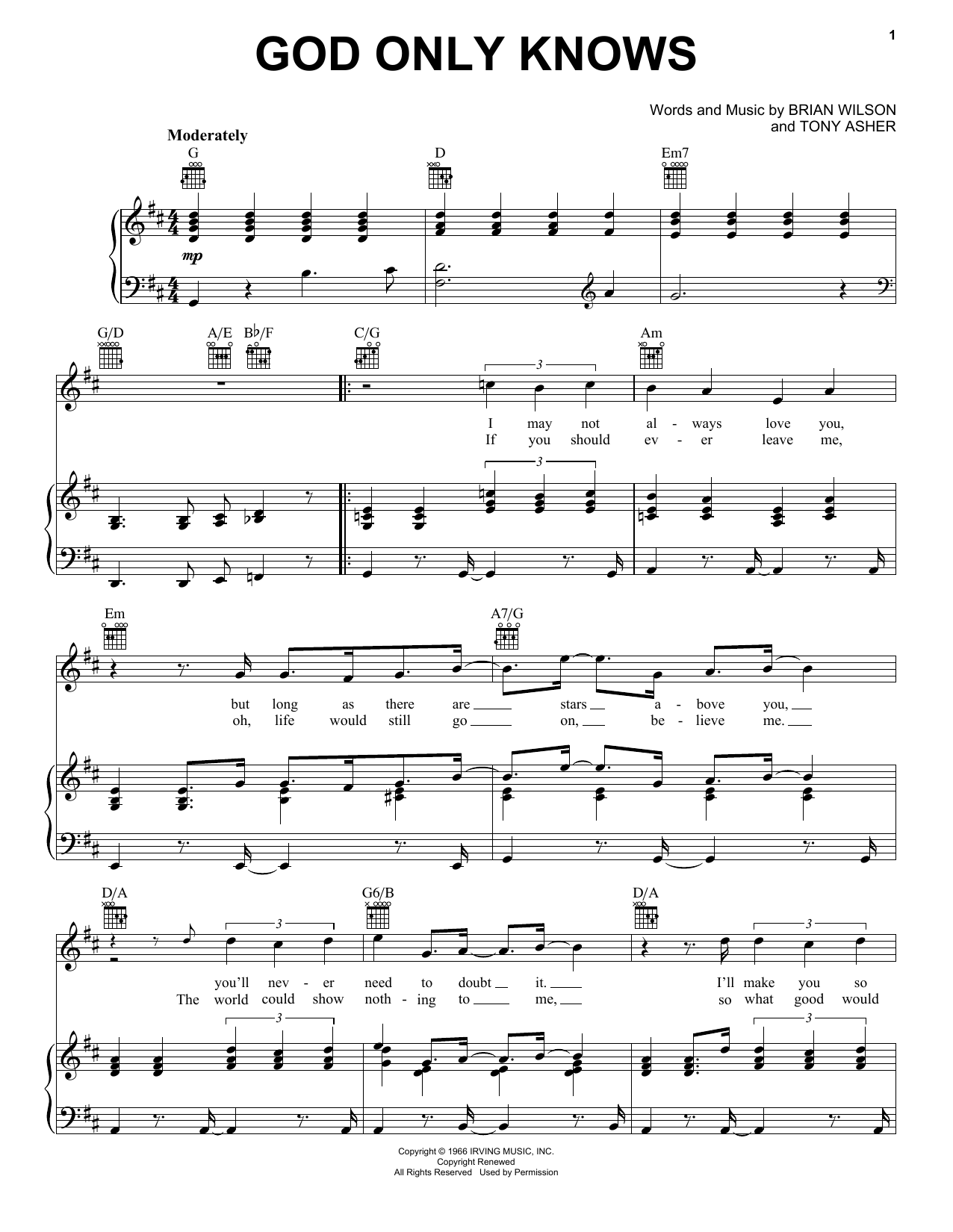 Download The Beach Boys God Only Knows Sheet Music and learn how to play Melody Line, Lyrics & Chords PDF digital score in minutes