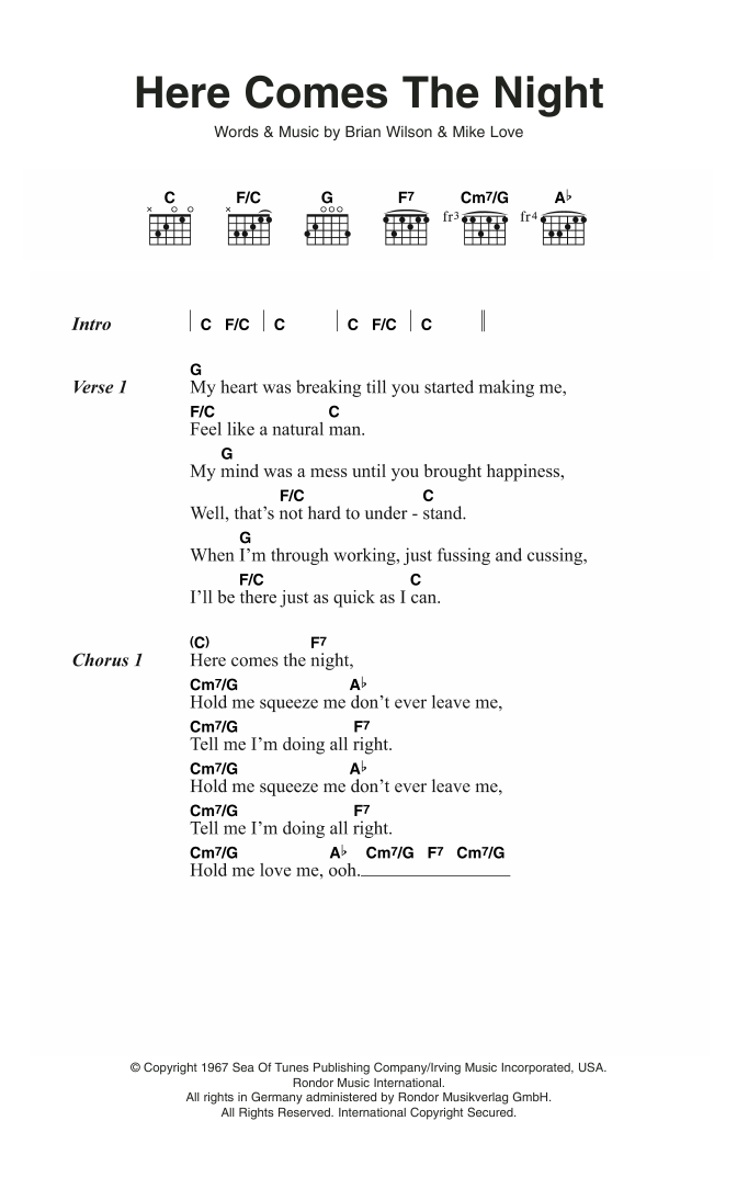Download The Beach Boys Here Comes The Night Sheet Music and learn how to play Lyrics & Chords PDF digital score in minutes
