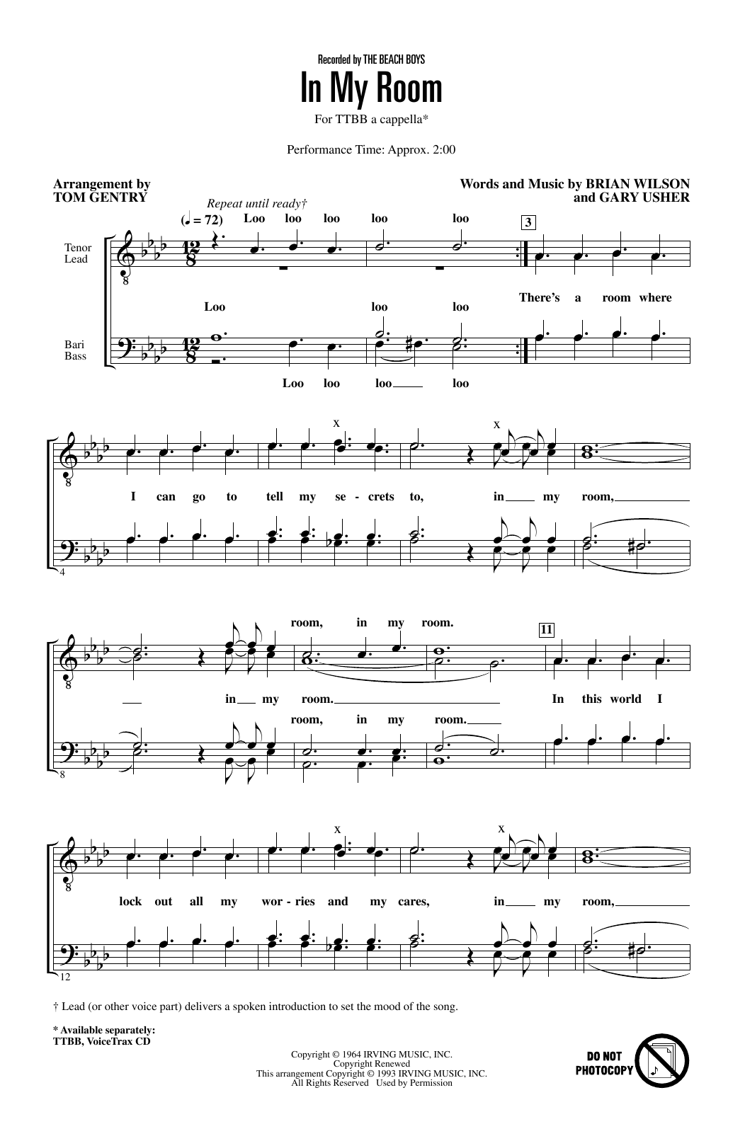Download The Beach Boys In My Room (arr. Tom Gentry) Sheet Music and learn how to play TTBB Choir PDF digital score in minutes