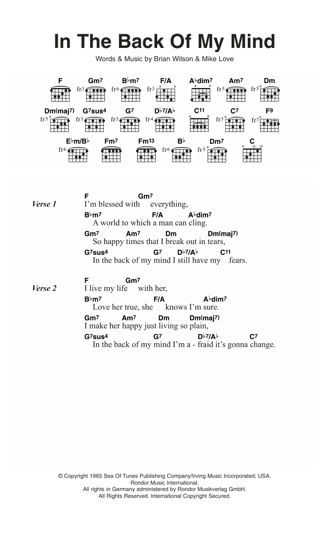 Download The Beach Boys In The Back Of My Mind Sheet Music and learn how to play Lyrics & Chords PDF digital score in minutes