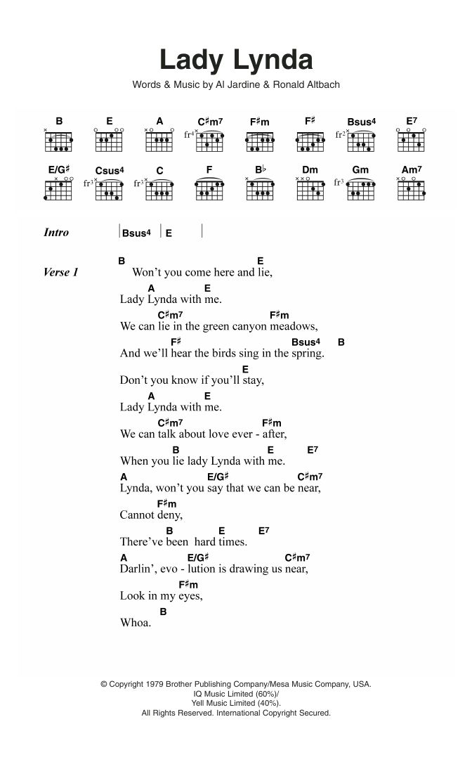 Download The Beach Boys Lady Lynda Sheet Music and learn how to play Lyrics & Chords PDF digital score in minutes