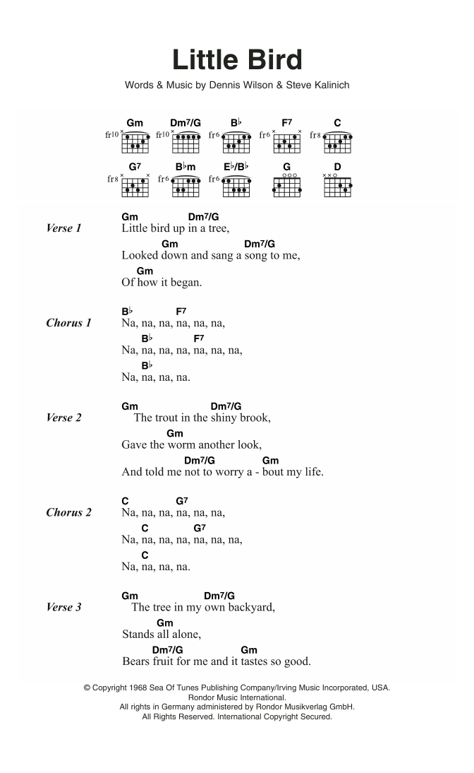 Download The Beach Boys Little Bird Sheet Music and learn how to play Lyrics & Chords PDF digital score in minutes