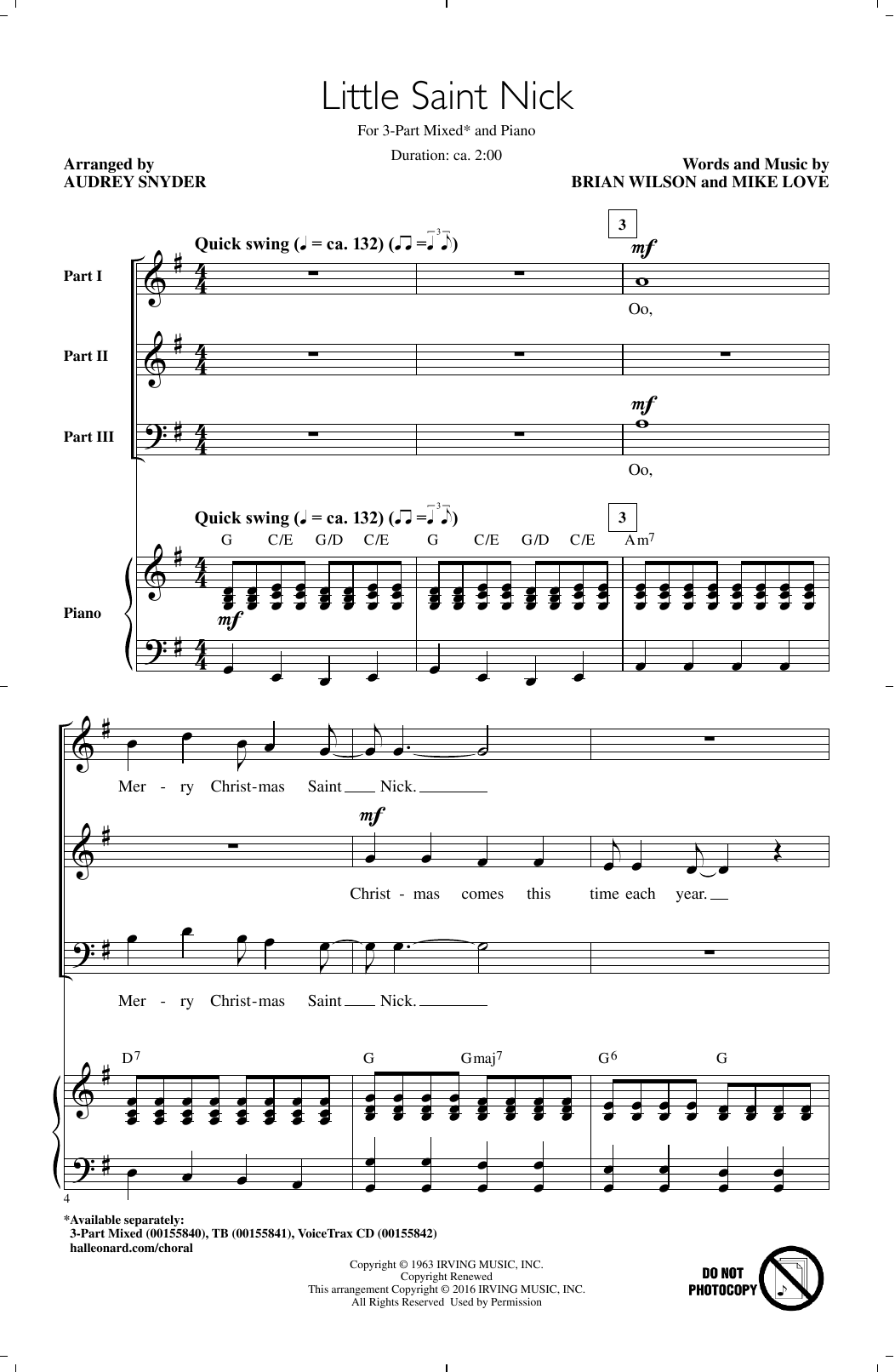 Download Audrey Snyder Little Saint Nick Sheet Music and learn how to play 3-Part Mixed PDF digital score in minutes
