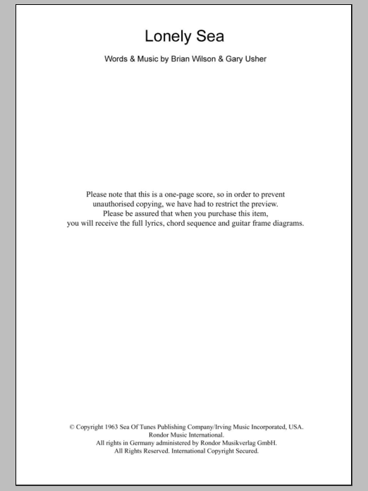 Download The Beach Boys Lonely Sea Sheet Music and learn how to play Lyrics & Chords PDF digital score in minutes