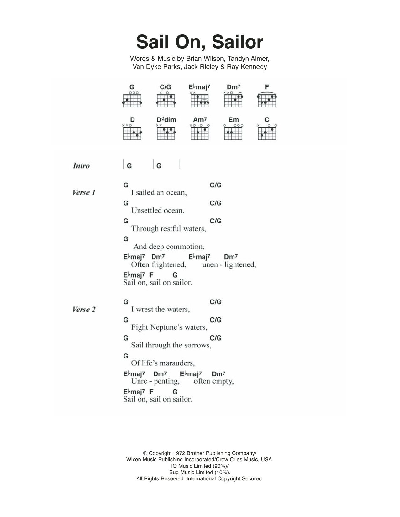 Download The Beach Boys Sail On, Sailor Sheet Music and learn how to play Lyrics & Chords PDF digital score in minutes