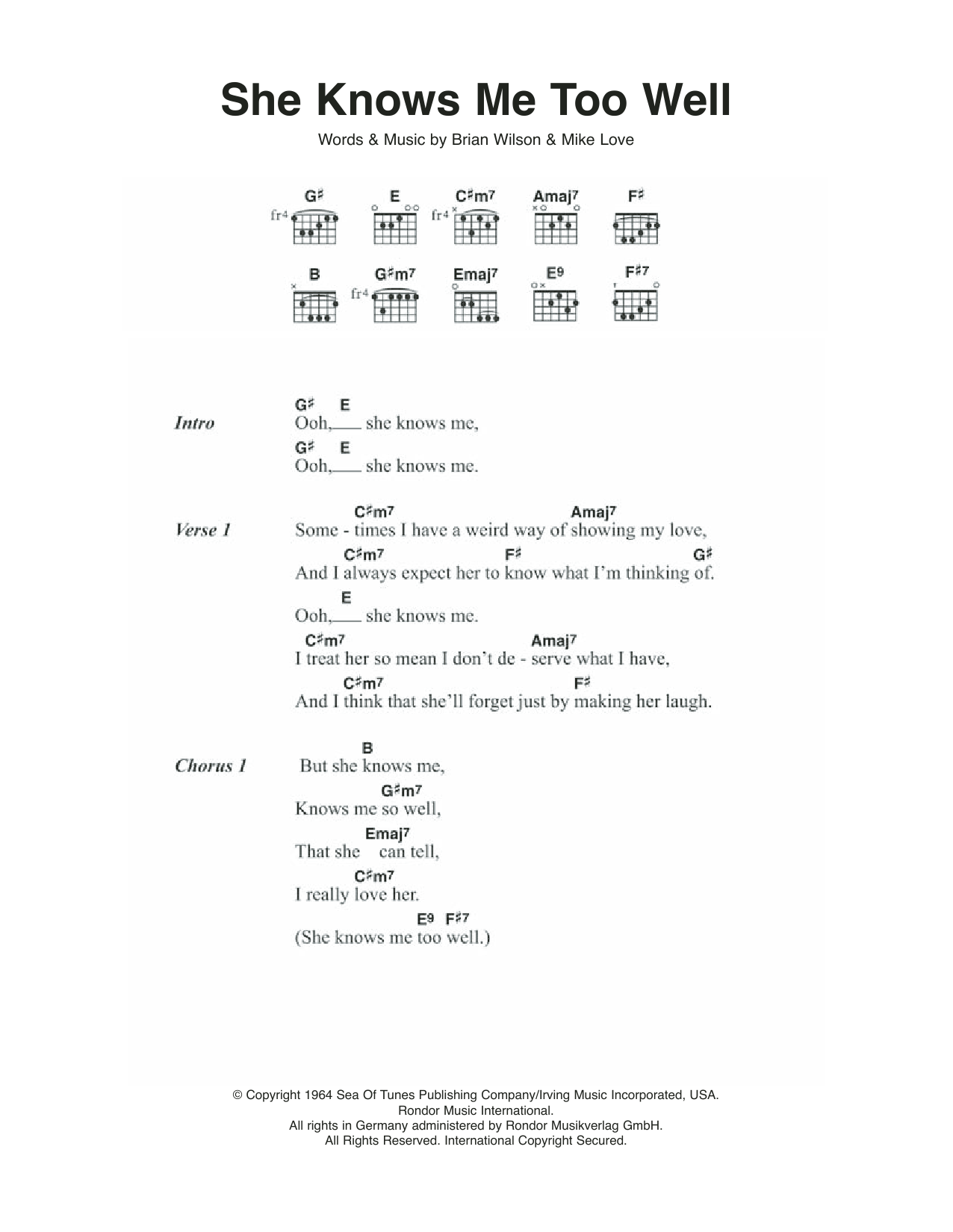 Download The Beach Boys She Knows Me Too Well Sheet Music and learn how to play Lyrics & Chords PDF digital score in minutes