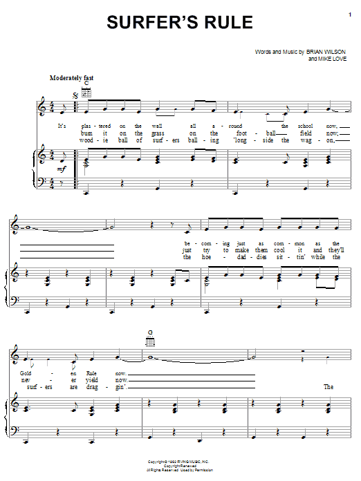 Download The Beach Boys Surfer's Rule Sheet Music and learn how to play Piano, Vocal & Guitar (Right-Hand Melody) PDF digital score in minutes