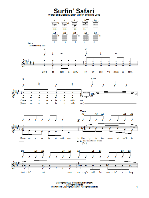 Download The Beach Boys Surfin' Safari Sheet Music and learn how to play Ukulele with strumming patterns PDF digital score in minutes