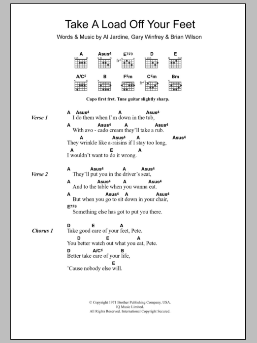 Download The Beach Boys Take A Load Off Your Feet Sheet Music and learn how to play Lyrics & Chords PDF digital score in minutes