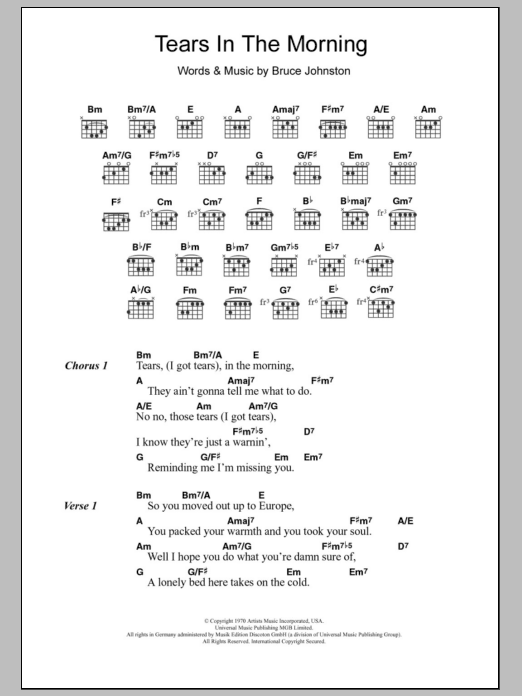 Download The Beach Boys Tears In The Morning Sheet Music and learn how to play Lyrics & Chords PDF digital score in minutes