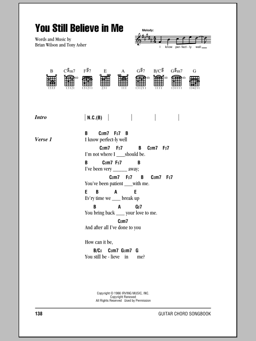 Download The Beach Boys You Still Believe In Me Sheet Music and learn how to play Lyrics & Chords PDF digital score in minutes