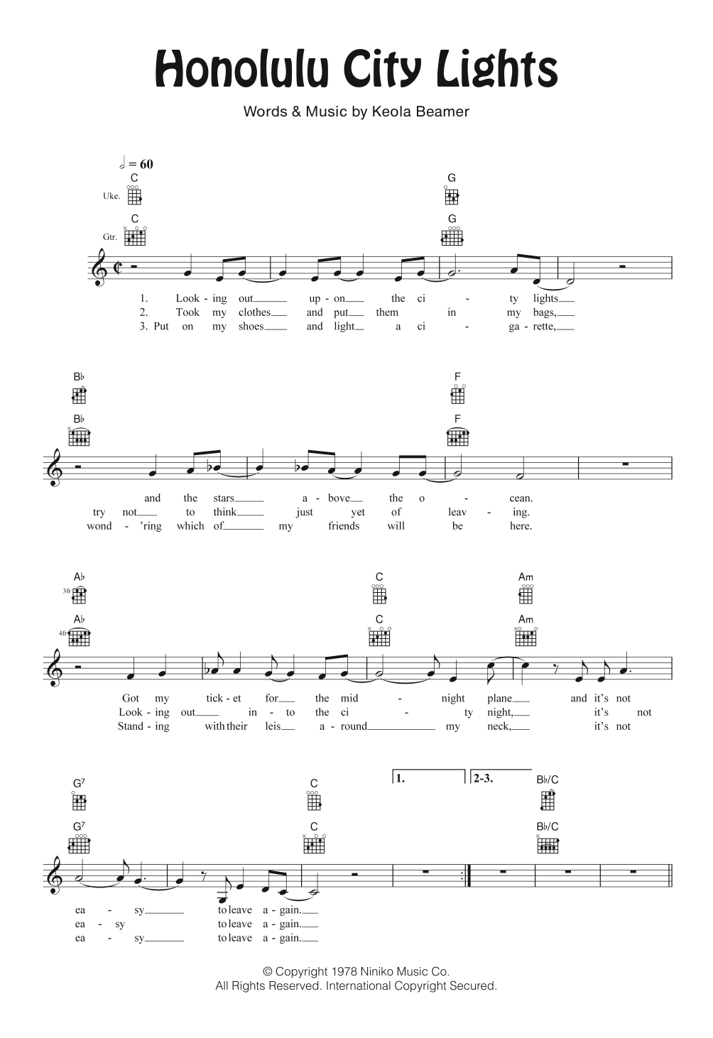 Download The Beamer Brothers Honolulu City Lights Sheet Music and learn how to play Ukulele PDF digital score in minutes