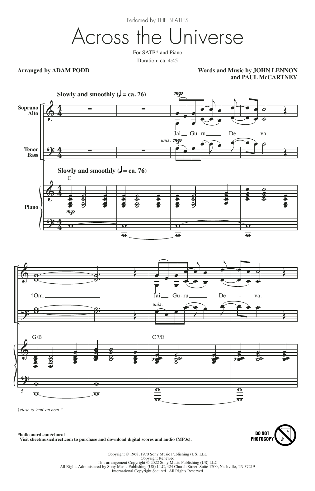 Download The Beatles Across The Universe (arr. Adam Podd) Sheet Music and learn how to play SATB Choir PDF digital score in minutes