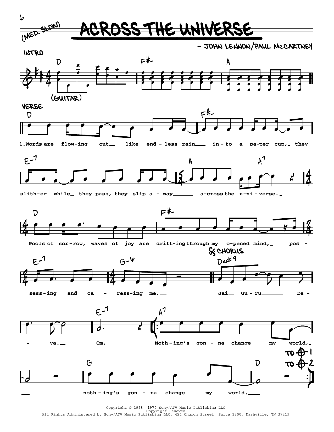 Download The Beatles Across The Universe [Jazz version] Sheet Music and learn how to play Real Book – Melody, Lyrics & Chords PDF digital score in minutes