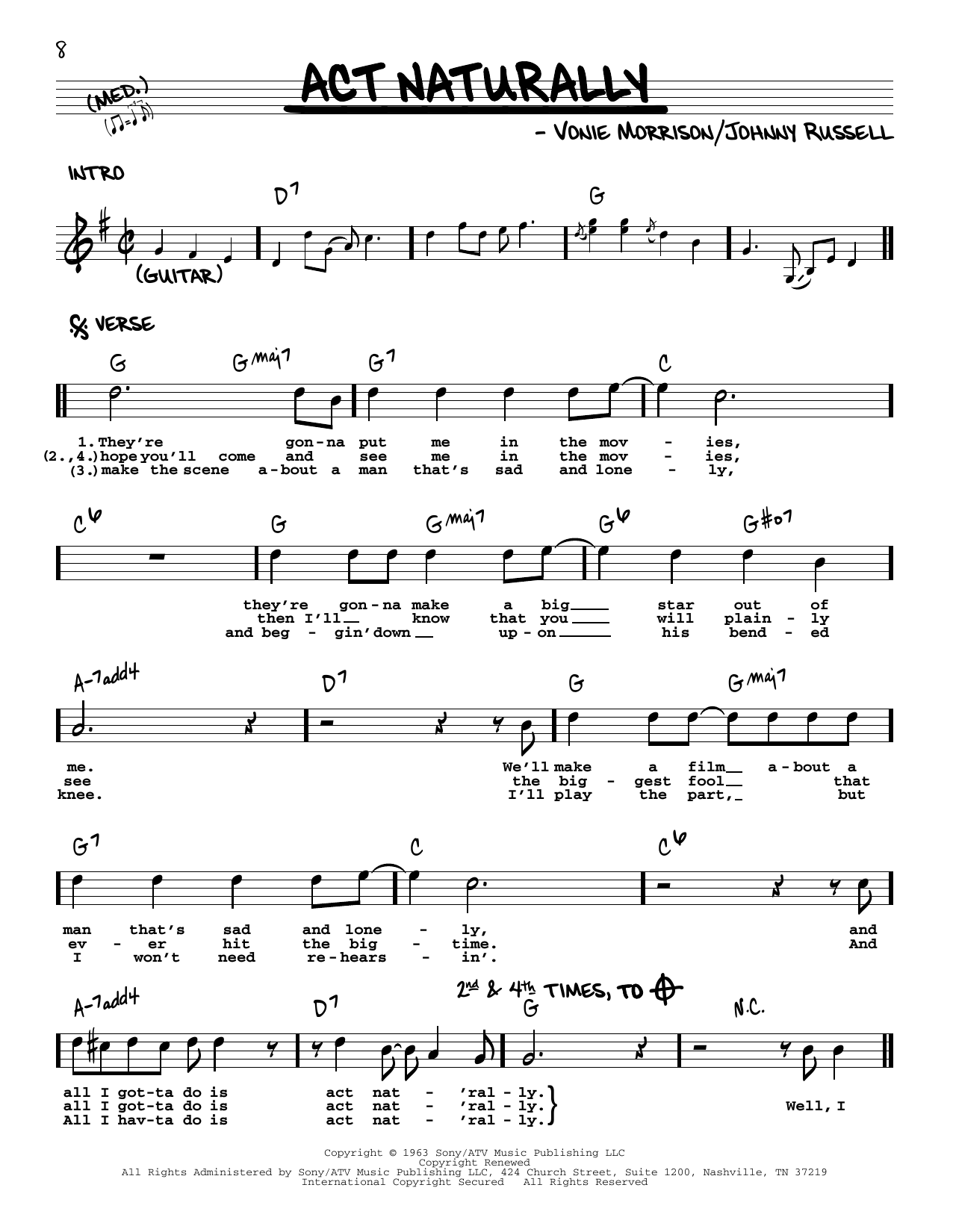 Download The Beatles Act Naturally [Jazz version] Sheet Music and learn how to play Real Book – Melody, Lyrics & Chords PDF digital score in minutes