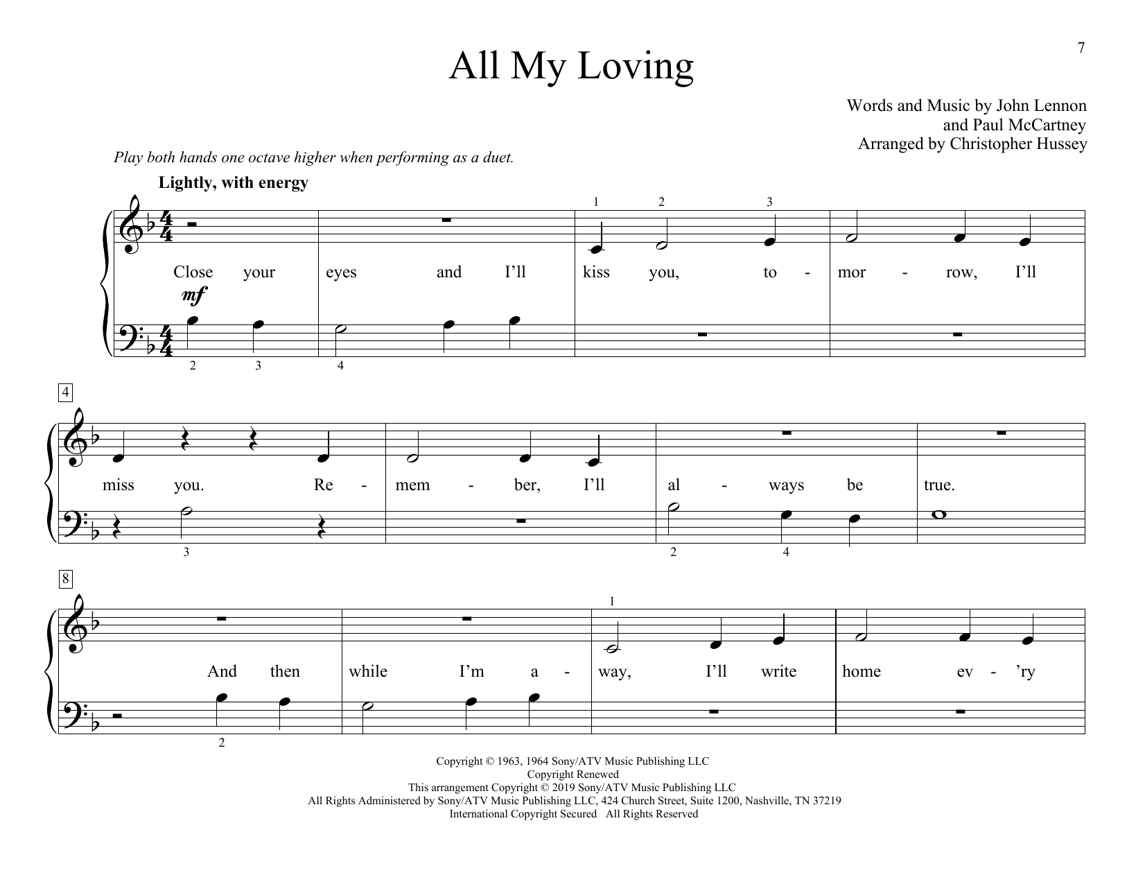 Download The Beatles All My Loving (arr. Christopher Hussey) Sheet Music and learn how to play Piano Duet PDF digital score in minutes