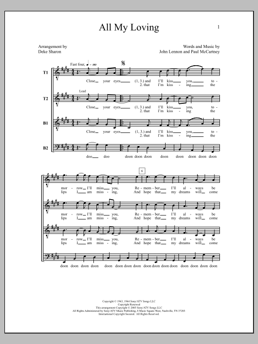 Download The Beatles All My Loving (arr. Deke Sharon) Sheet Music and learn how to play TTBB Choir PDF digital score in minutes