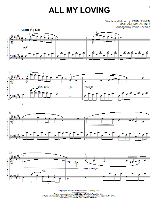 Download The Beatles All My Loving Sheet Music and learn how to play Piano PDF digital score in minutes