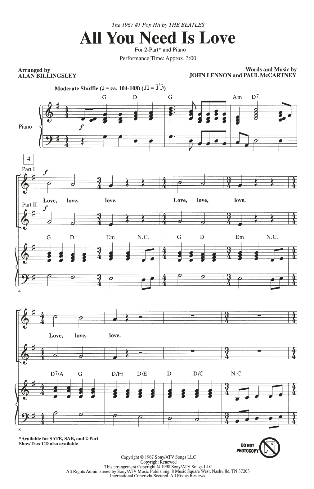 Download The Beatles All You Need Is Love (arr. Alan Billingsley) Sheet Music and learn how to play 2-Part Choir PDF digital score in minutes
