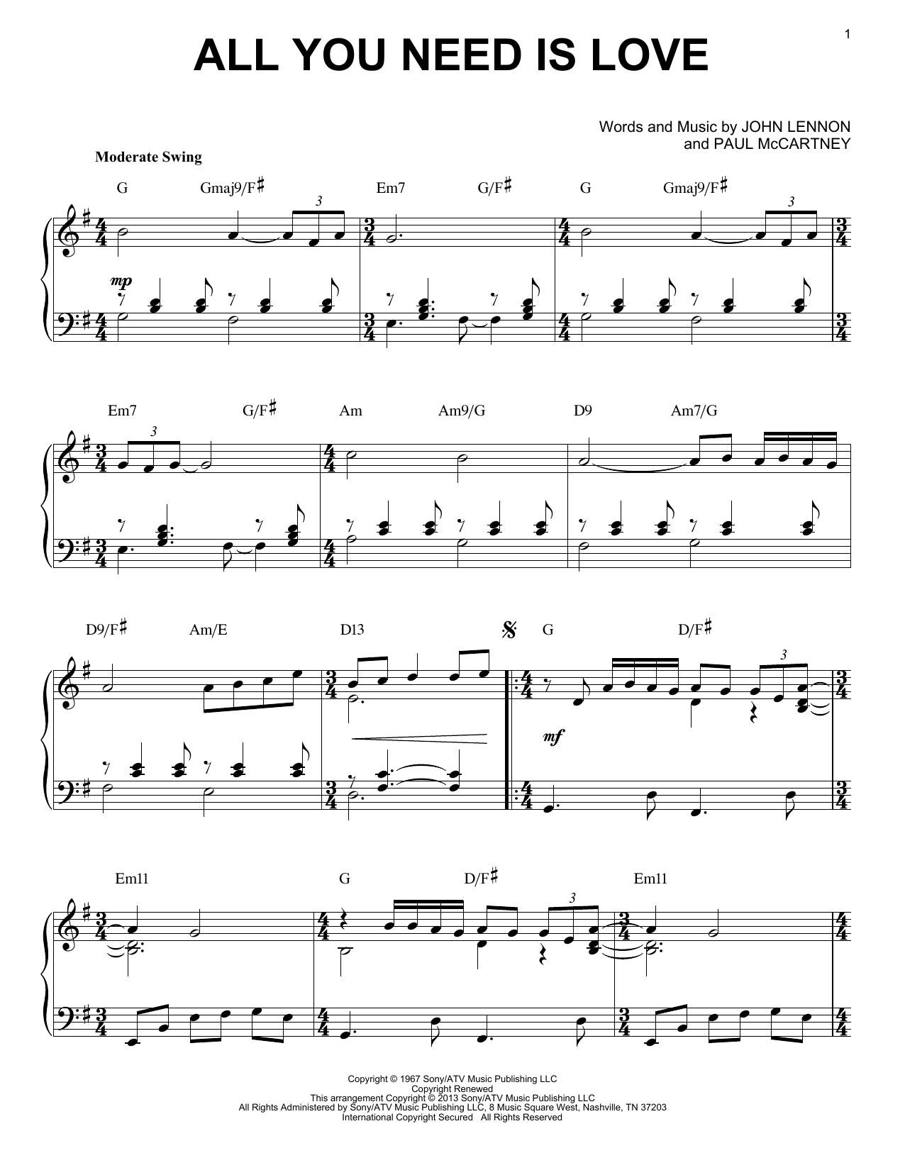 Download The Beatles All You Need Is Love Sheet Music and learn how to play Piano PDF digital score in minutes
