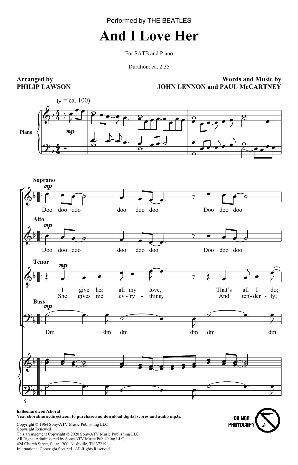 Download The Beatles And I Love Her (arr. Philip Lawson) Sheet Music and learn how to play SATB Choir PDF digital score in minutes