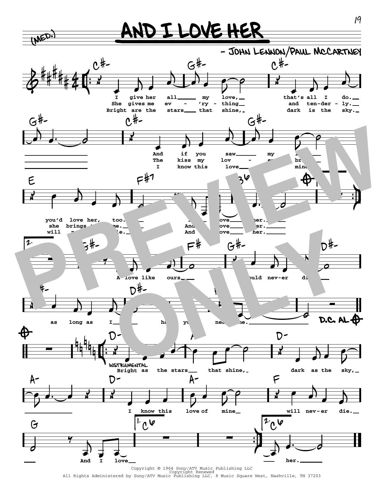 Download The Beatles And I Love Her (Low Voice) Sheet Music and learn how to play Real Book – Melody, Lyrics & Chords PDF digital score in minutes
