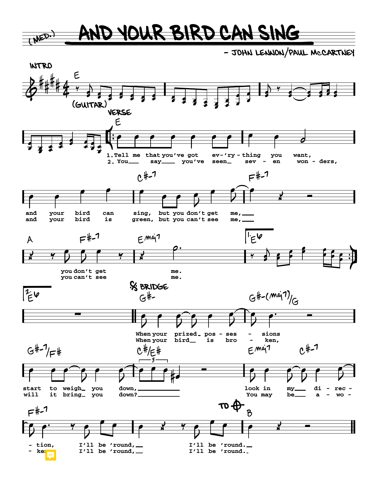 Download The Beatles And Your Bird Can Sing [Jazz version] Sheet Music and learn how to play Real Book – Melody, Lyrics & Chords PDF digital score in minutes