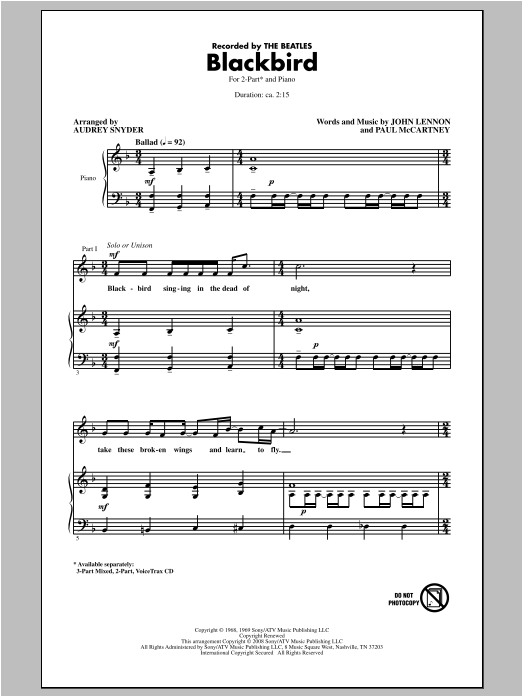 Download The Beatles Blackbird (arr. Audrey Snyder) Sheet Music and learn how to play 2-Part Choir PDF digital score in minutes