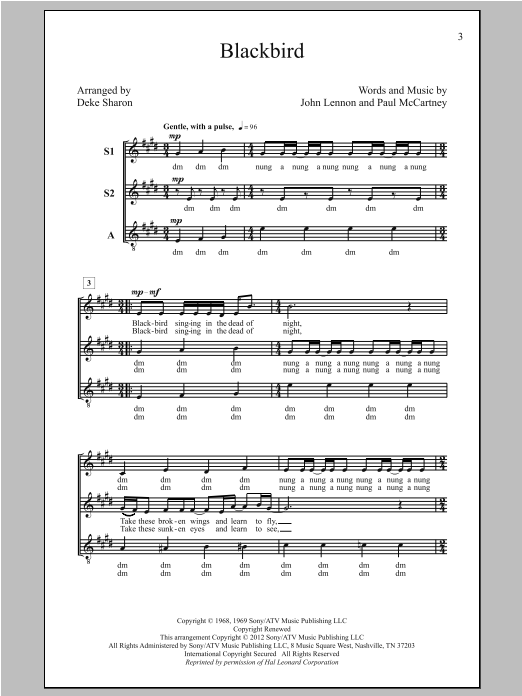 Download Deke Sharon Blackbird Sheet Music and learn how to play SSA PDF digital score in minutes