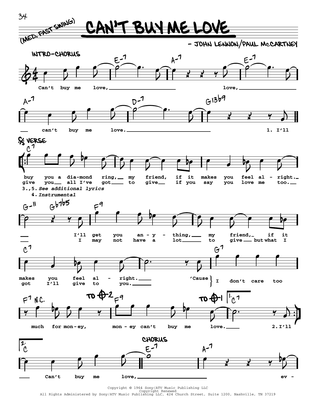 Download The Beatles Can't Buy Me Love [Jazz version] Sheet Music and learn how to play Real Book – Melody, Lyrics & Chords PDF digital score in minutes