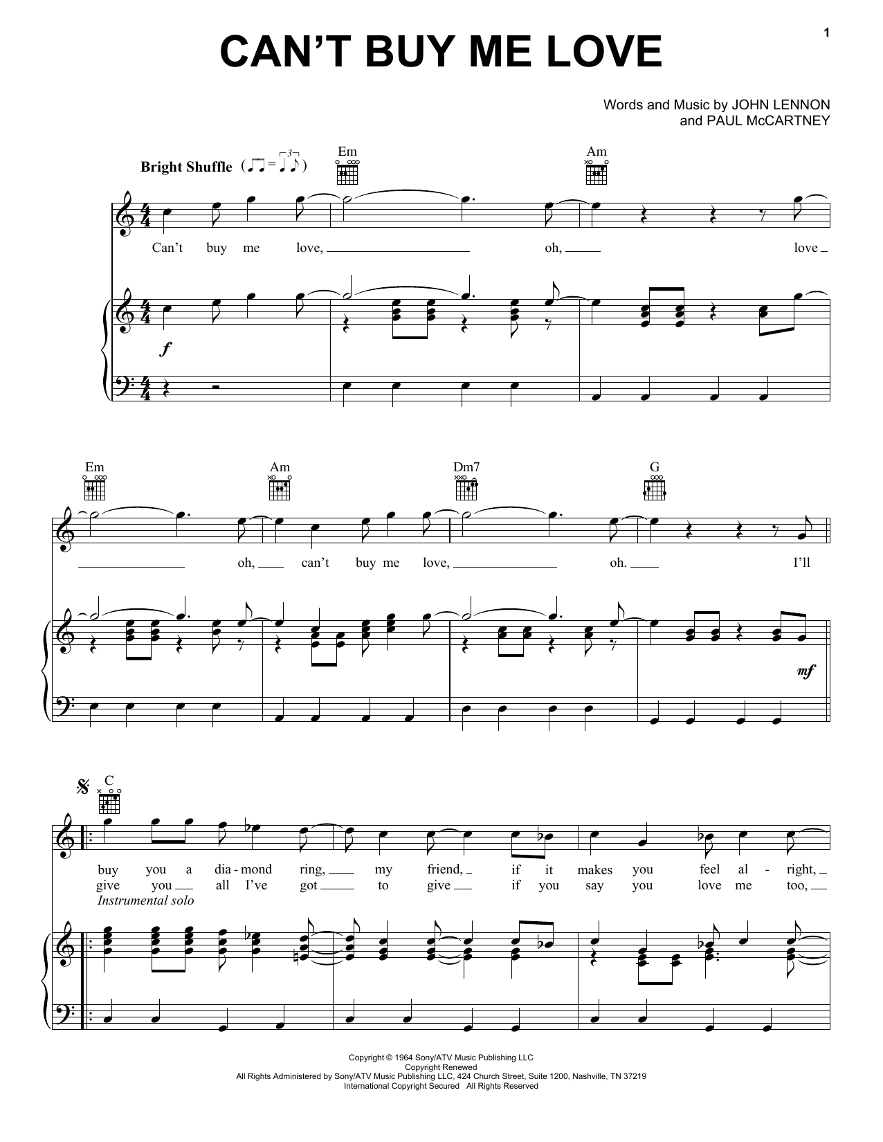 Download The Beatles Can't Buy Me Love Sheet Music and learn how to play Piano, Vocal & Guitar (Right-Hand Melody) PDF digital score in minutes
